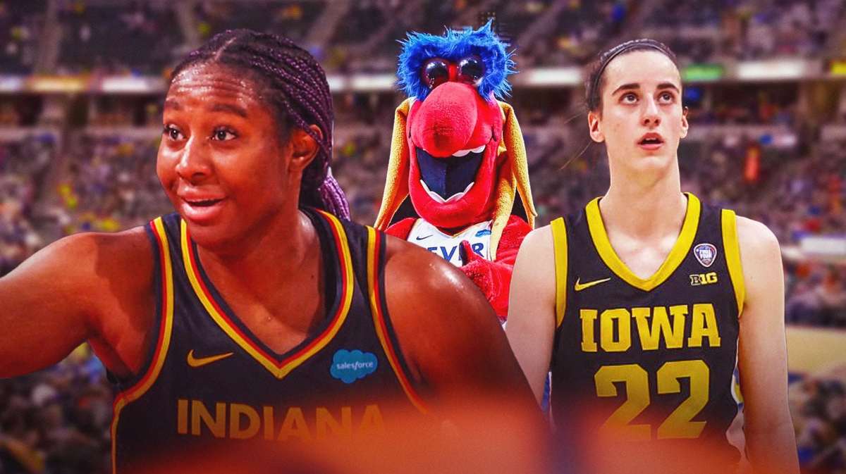 Caitlin Clark and Aliyah Boston (Fever) with Indiana Fever mascot (Freddy Fever) in the background