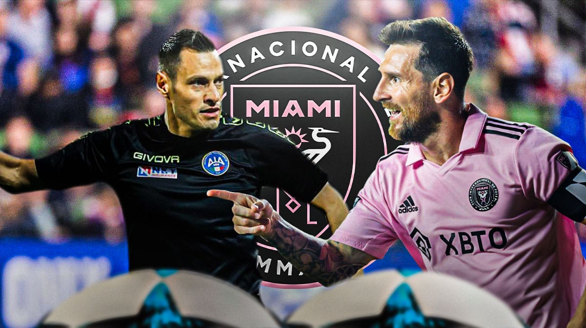 Lionel Messi shouting towards a referee, the Inter Miami logo behind him