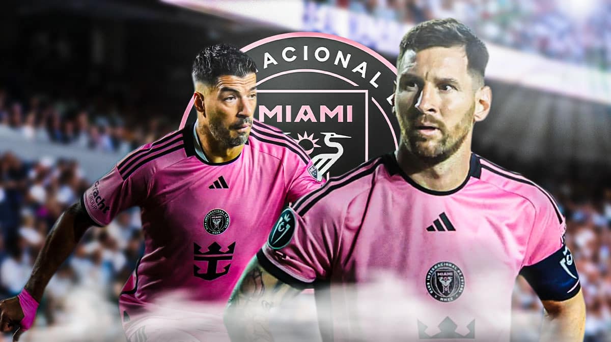Lionel Messi and Luis Suarez looking at each other in front of the Inter Miami logo