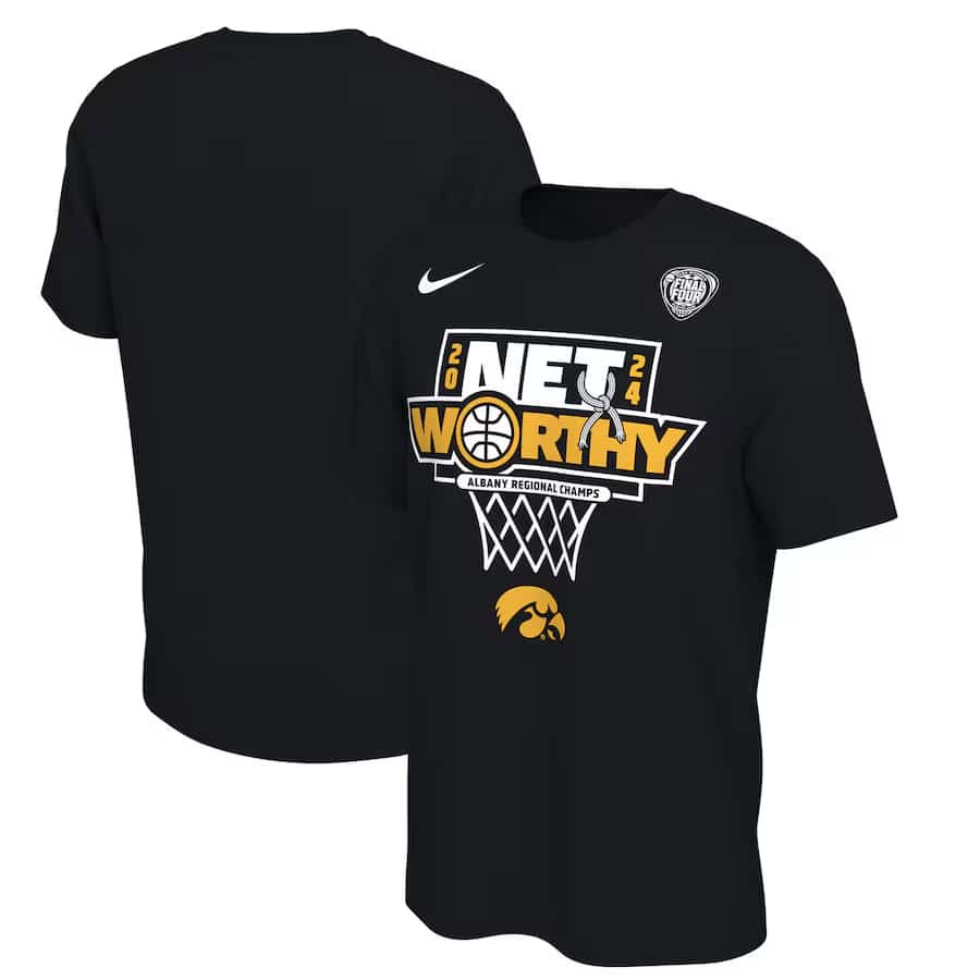 Iowa Hawkeyes Nike Unisex 2024 NCAA Women's Basketball Tournament March Madness Final Four Locker Room T-Shirt - Black color on a white background.