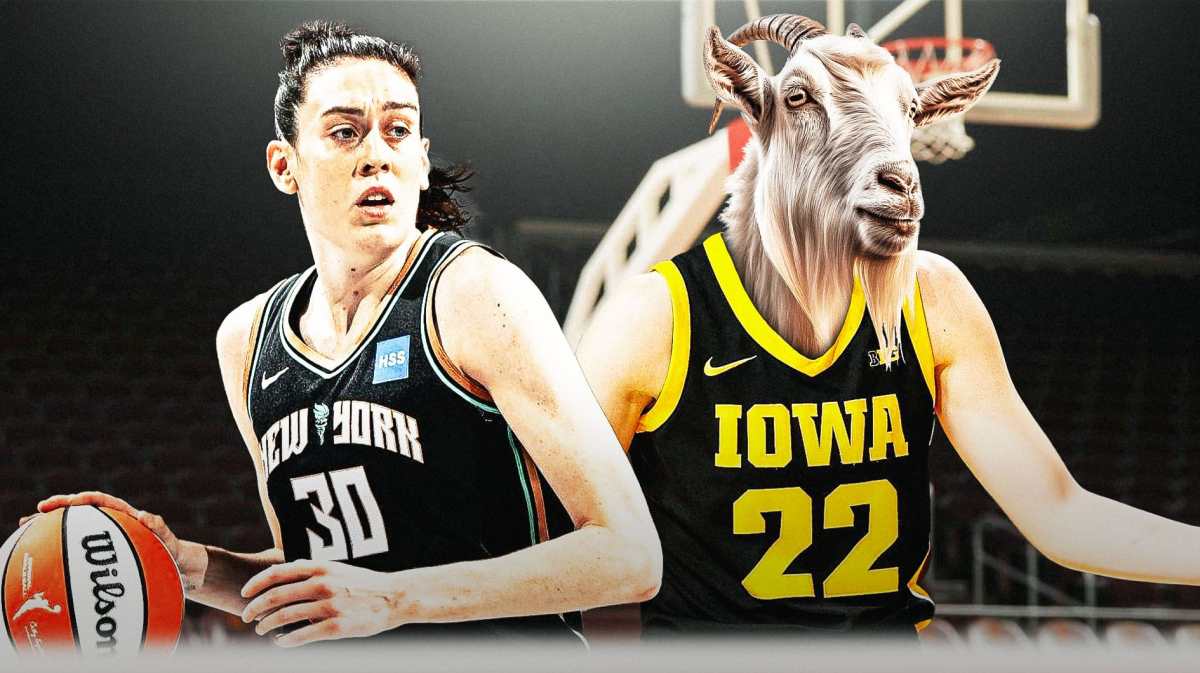 Breanna Stewart and Caitlin Clark side-by-side. Caitlin Clark's head is a goat.