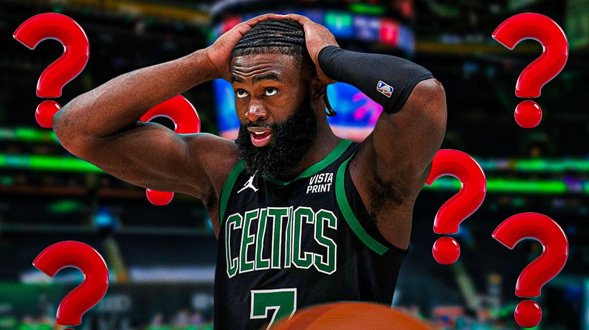 Celtics' Jaylen Brown looking serious on left. Question mark on right.