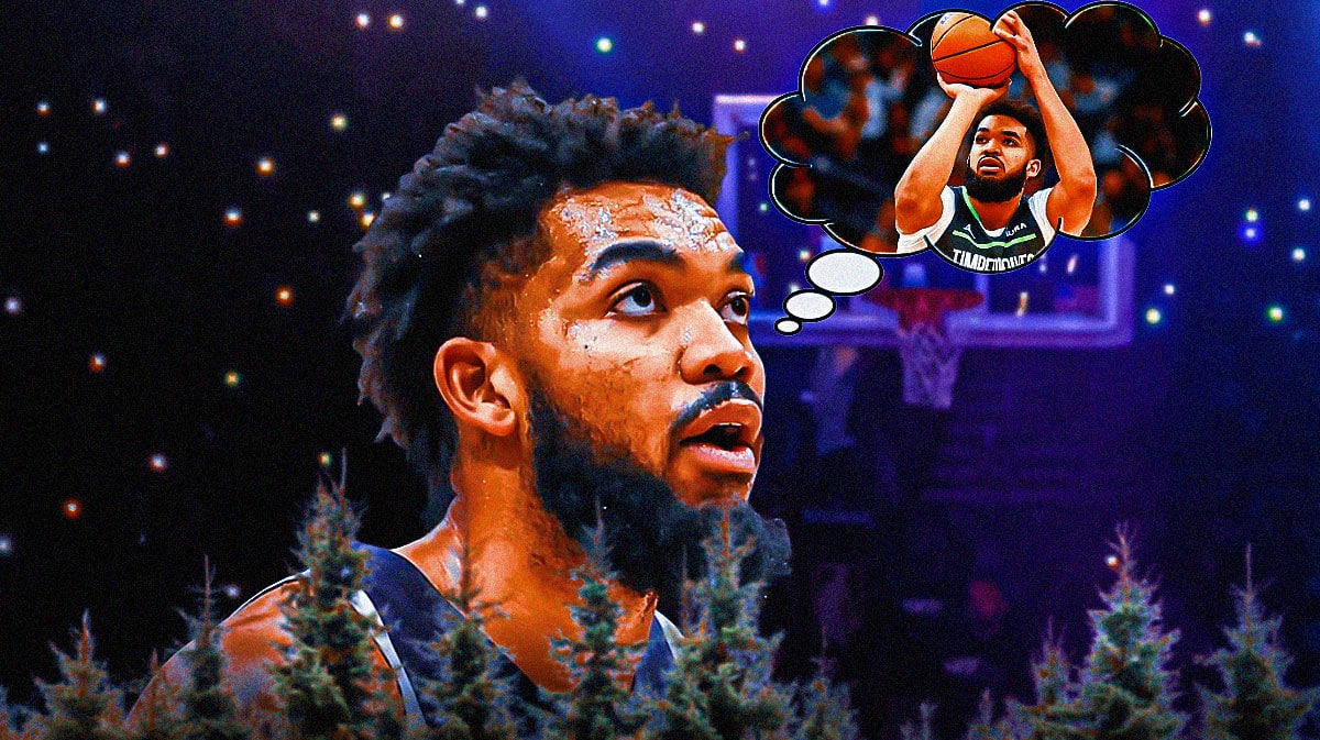Timberwolves' Karl-Anthony Towns looking serious in image. Give him a thought bubble. In the bubble, place an image of Karl-Anthony Towns shooting a basketball.