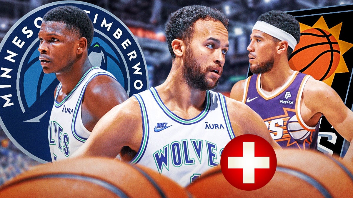 Timberwolves' Kyle Anderson next to Anthony Edwards and Devin Booker