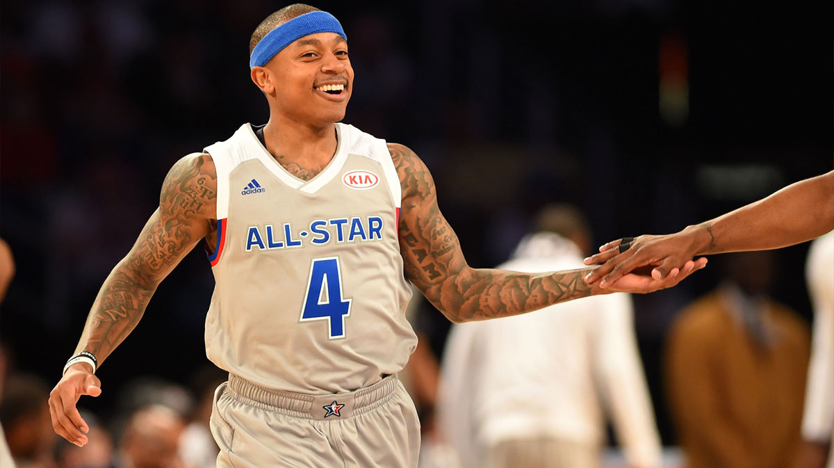 Eastern Conference guard Isaiah Thomas of the Boston Celtics (4) reacts during the 2017 NBA All-Star Game at Smoothie King Center.