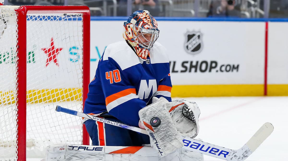 New York Islanders goaltender Semyon Varlamov (40) makes a save against the Nashville Predators during the first period at UBS Arena.