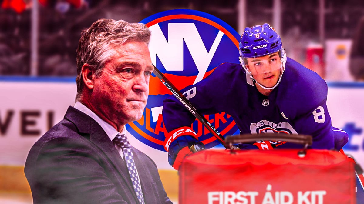 Noah Dobson in image looking stern, first aid kit, Patrick Roy in image looking stern, New York Islanders logo