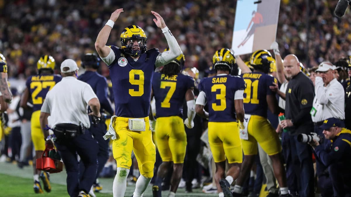 Michigan quarterback J.J. McCarthy celebrates a play against Alabama during overtime of the Rose Bowl in Pasadena, Calif., on Monday, Jan. 1, 2024.