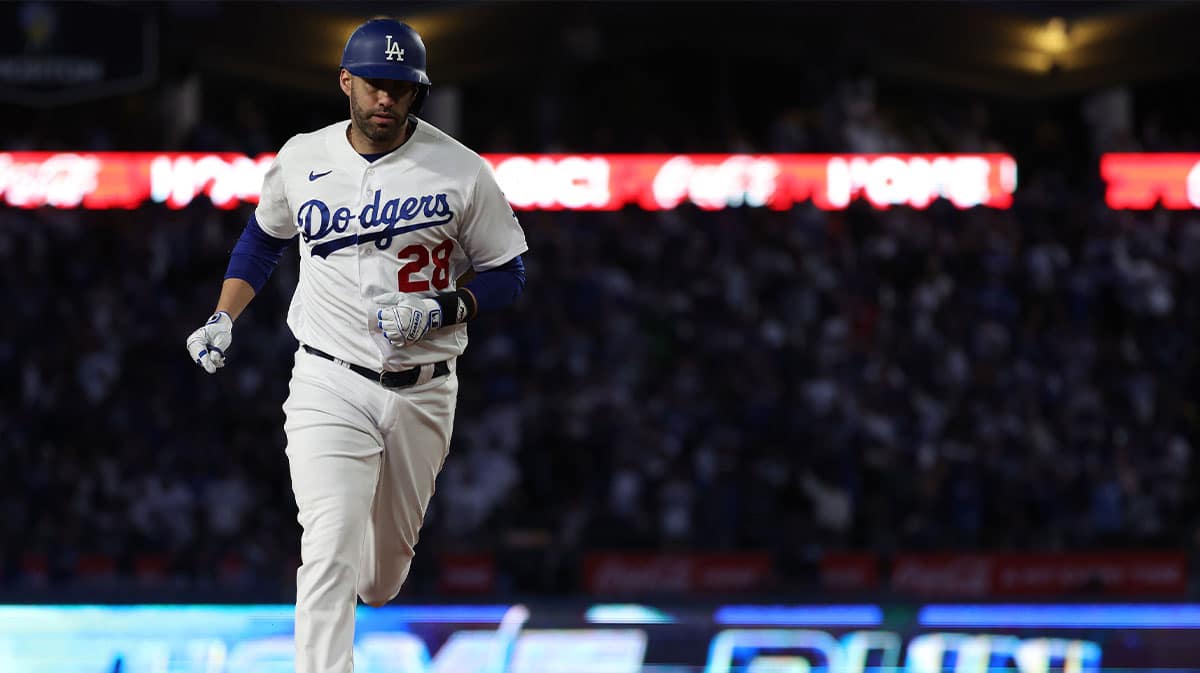 Los Angeles Dodgers designated hitter J.D. Martinez (28) rounds the bases after hitting a home run against the Arizona Diamondbacks in the fourth inning for game two of the NLDS for the 2023 MLB playoffs at Dodger Stadium.