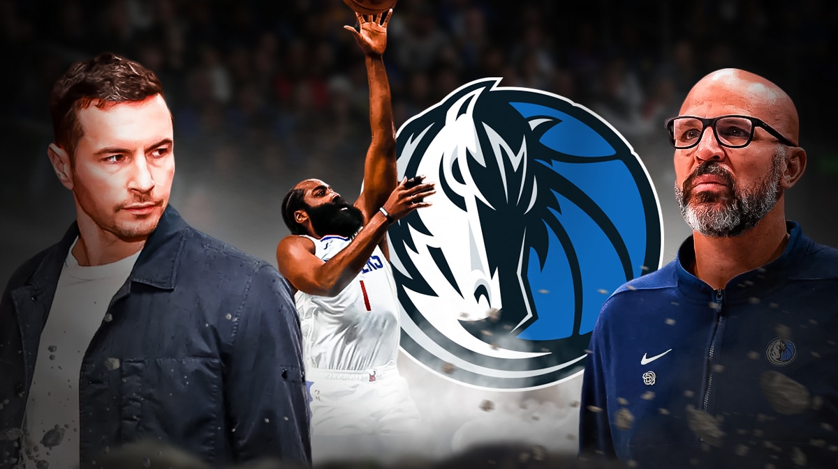 JJ Redick in normal clothes looking serious on left. Clippers' James Harden shooting a floater jump-shot vs. Mavericks on right. Also place Mavericks' Jason Kidd somewhere in image please.