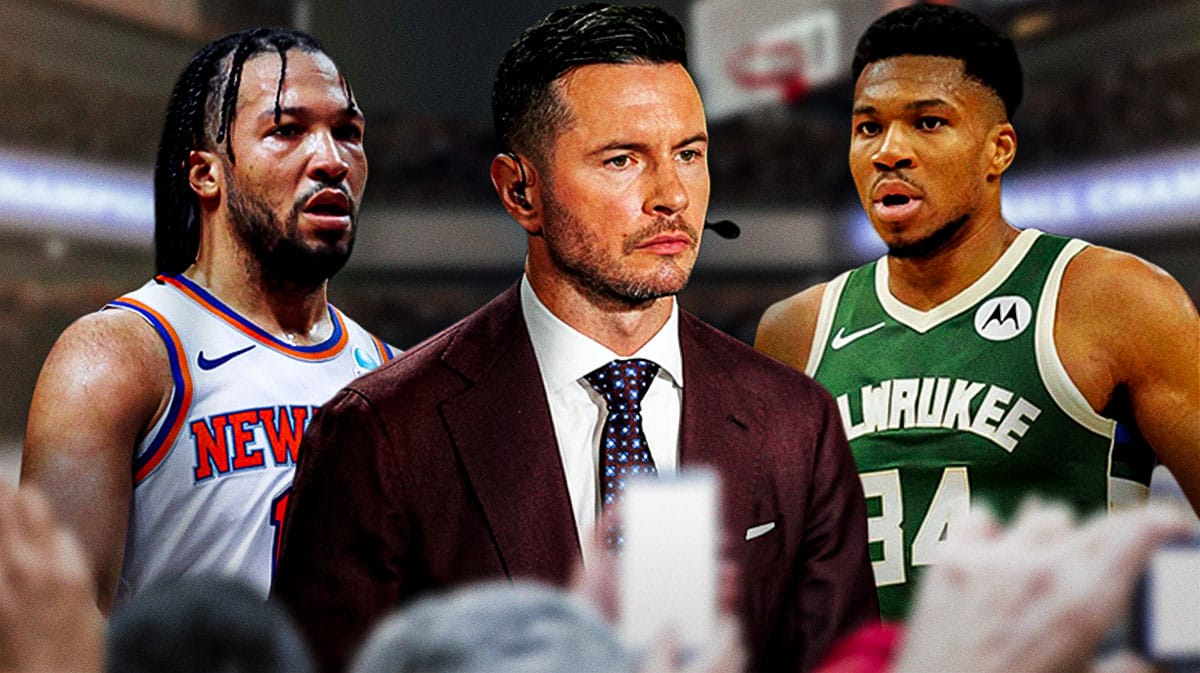 Basketball analyst JJ Reddick in the middle of New York Knicks star Jalen Brunson and Milwaukee Bucks star Giannis Antetokounmpo.