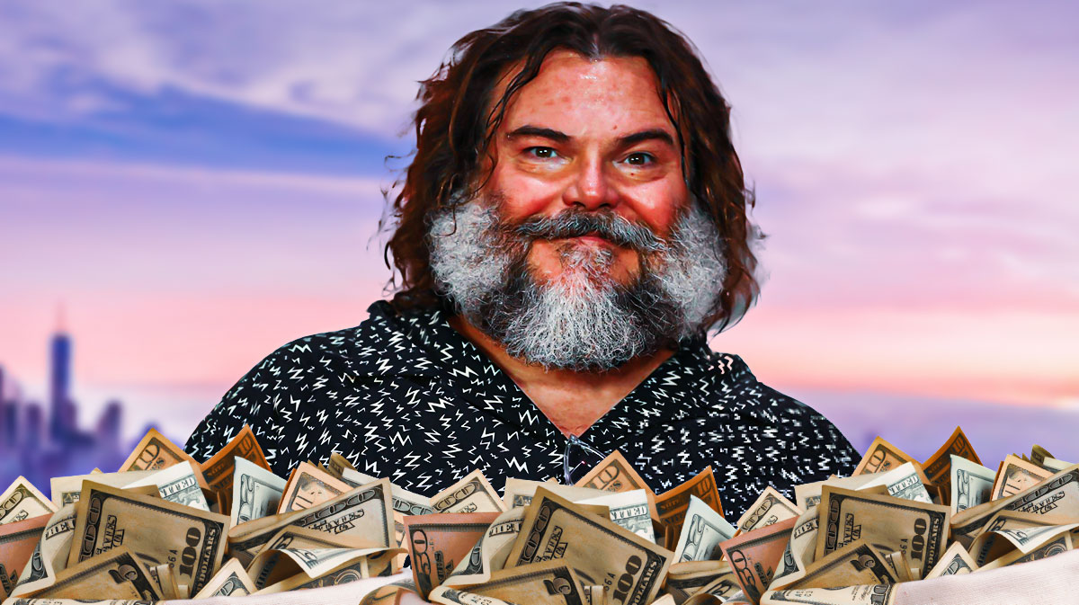 Jack Black surrounded by piles of cash.