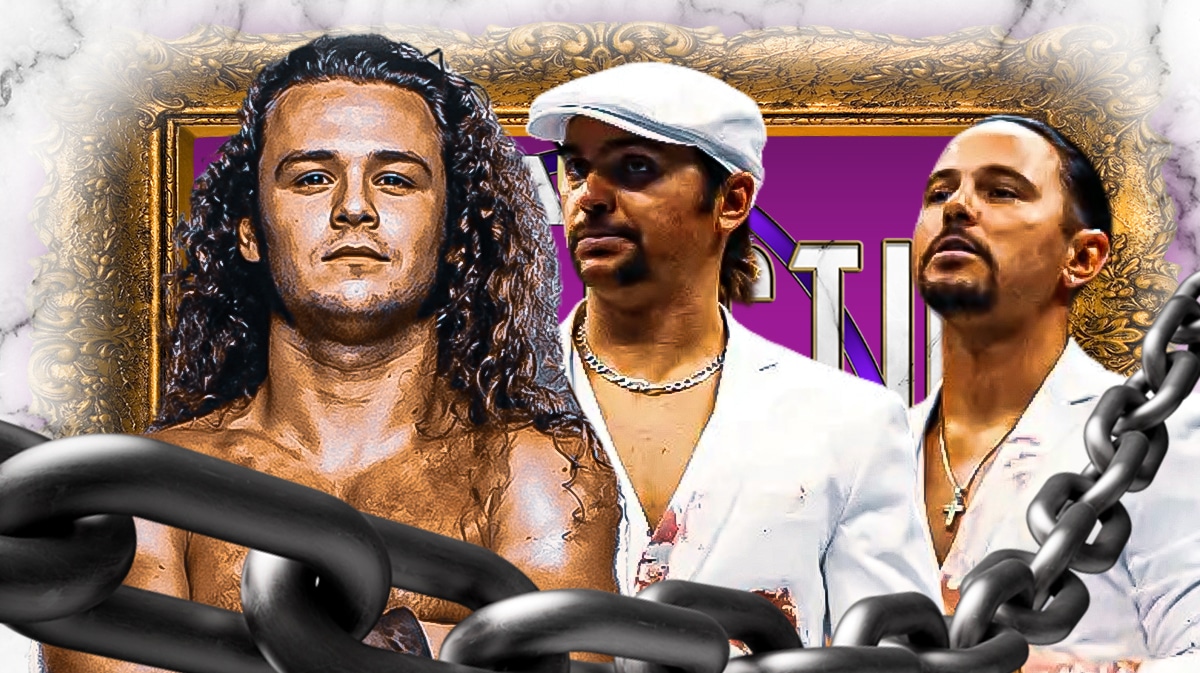 Jack Perry next to 2024 The Young Bucks with the AEW Dynasty logo as the background.