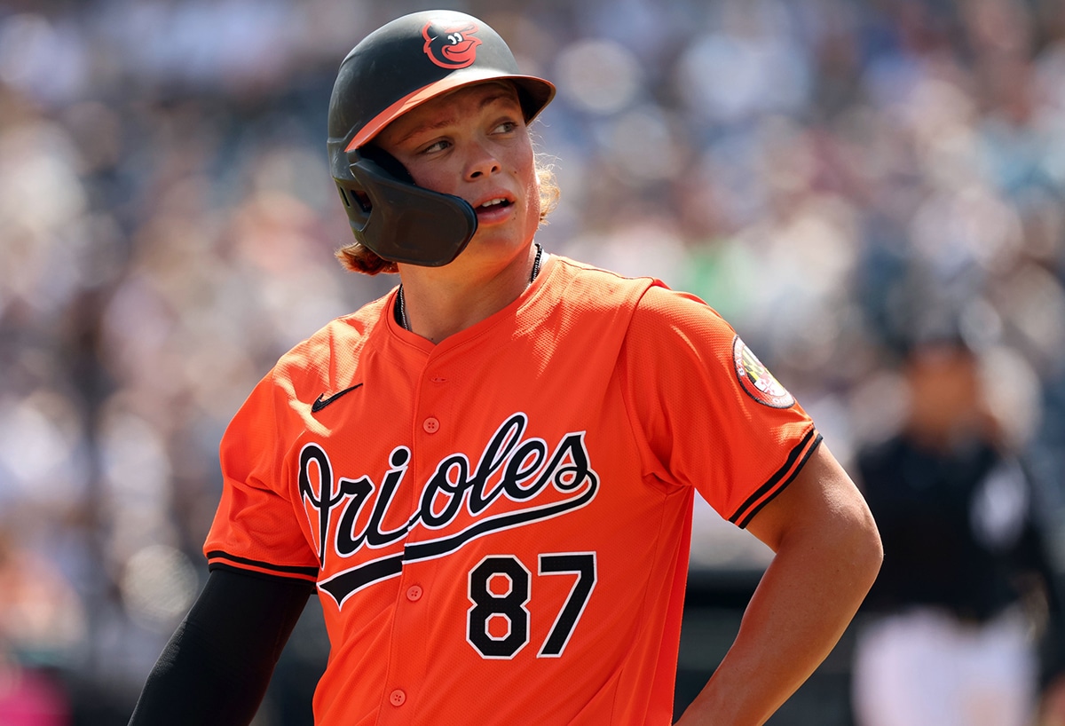 Baltimore Orioles shortstop Jackson Holliday (87) looks on first inning against the New York Yankees at George M. Steinbrenner Field.