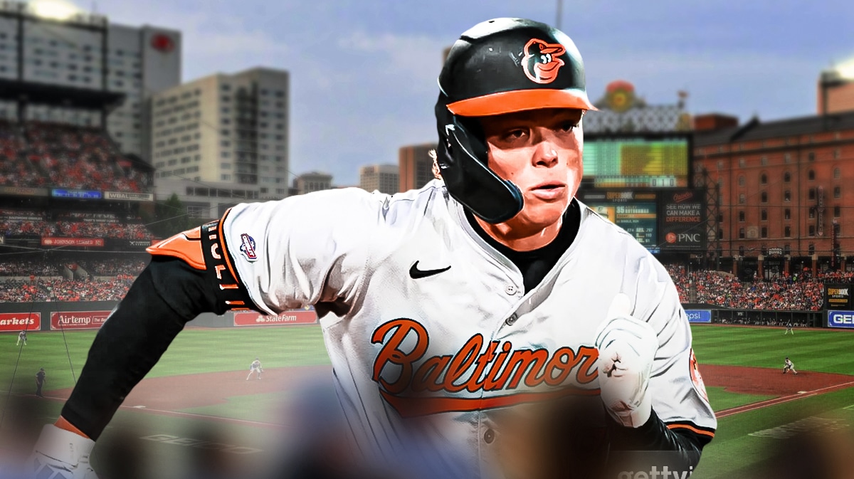 Orioles young star Jackson Holliday with stadium behind him.