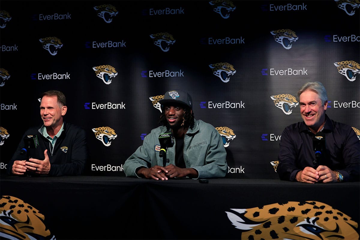 acksonville Jaguars general manager Trent Baalke, left, wide receiver Brian Thomas Jr. and head coach Doug Pederson field questions during a press conference Friday, April 26, 2024 at EverBank Stadium’s Miller Electric Center in Jacksonville, Fla. Jacksonville Jaguars selected LSU’s wide receiver Thomas Jr. as the 23rd overall pick in last night’s NFL Draft.
