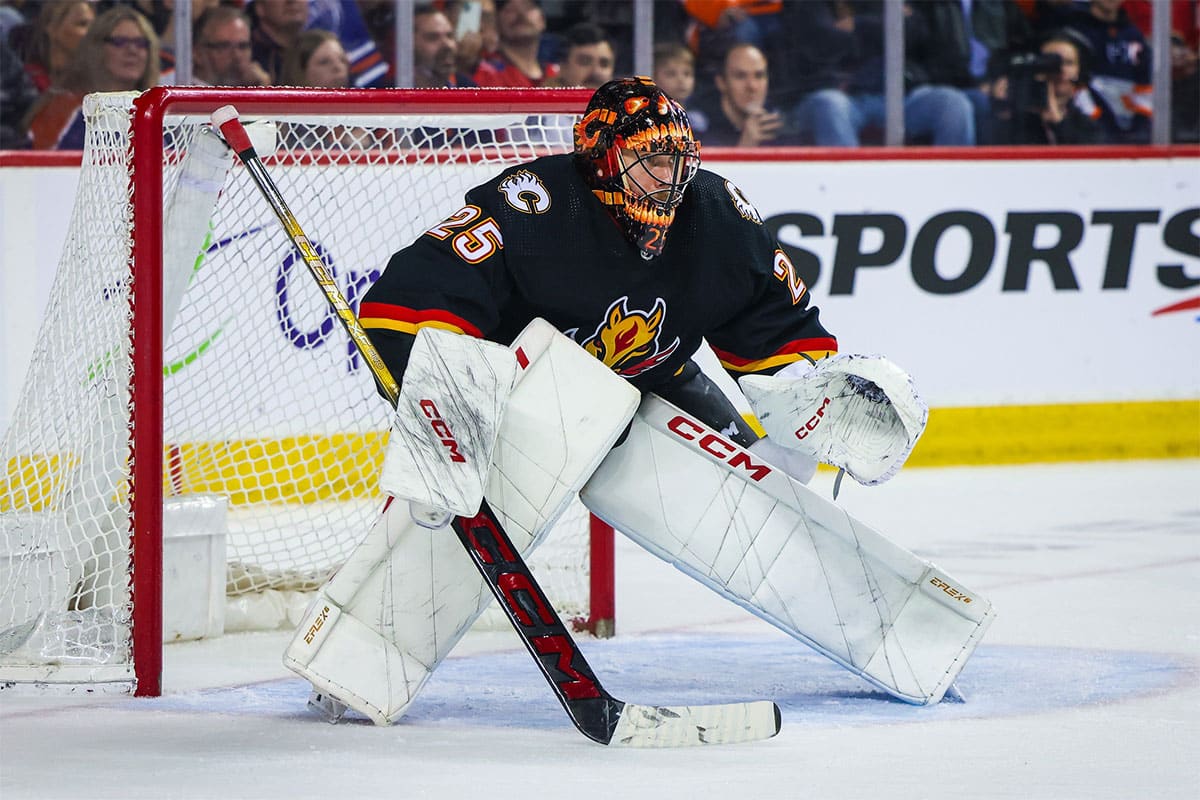 Calgary Flames goaltender Jacob Markstrom (25) guards his net against the Edmonton Oilers during the third period at Scotiabank Saddledome.