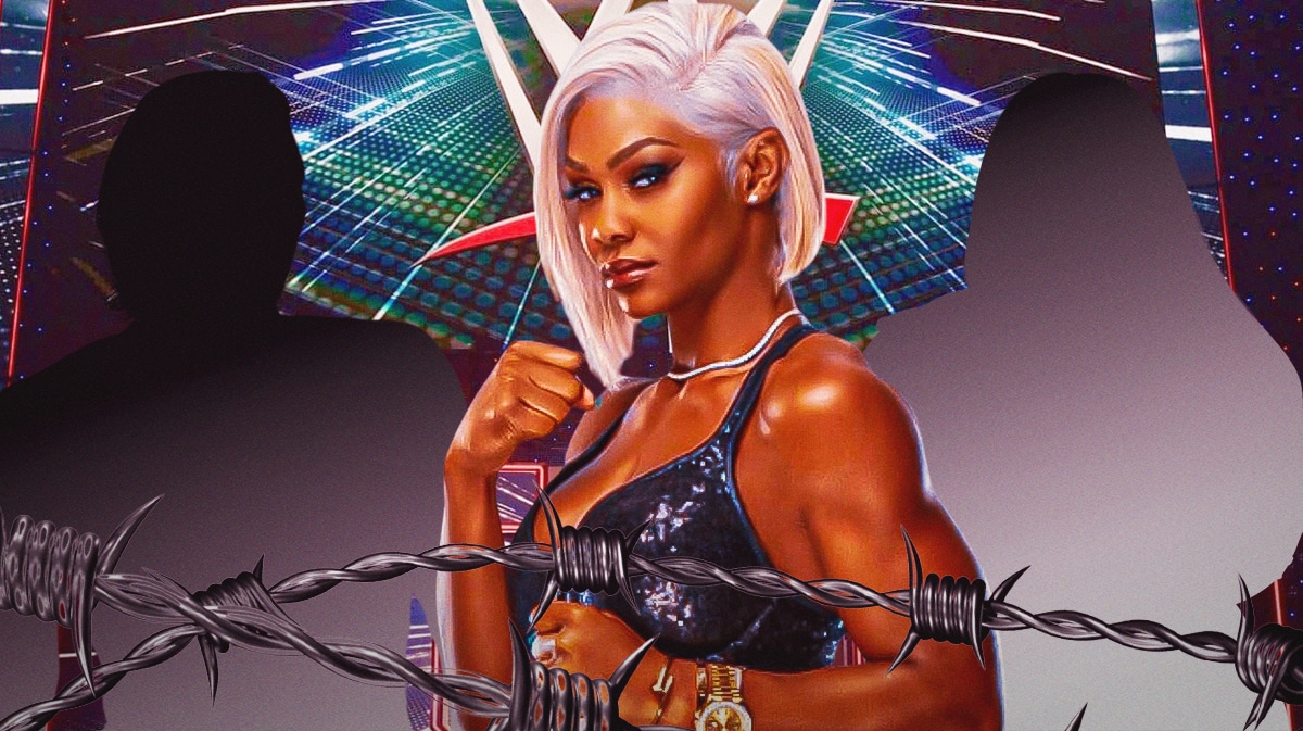 Jade Cargill with the blacked-out silhouette of Rhea Ripley on her left and the blacked-out silhouette of Nia Jax on her right with the WWE logo as the background.