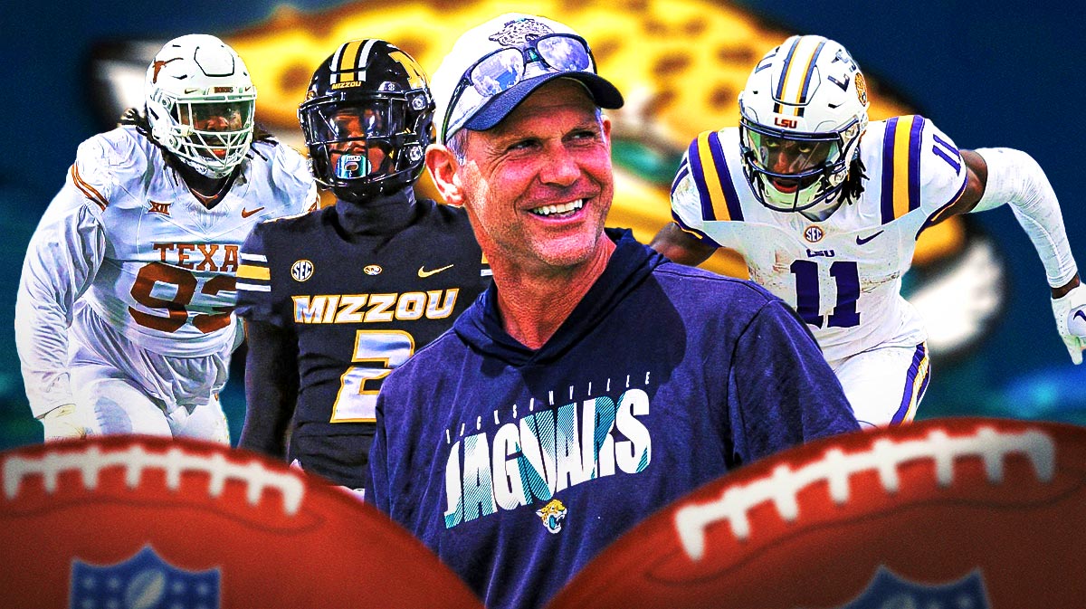 GM Trent Baalke in the middle, Brian Thomas Jr, Ennis Rakestraw Jr, T'Vondre Sweat around him, and Jacksonville Jaguars wallpaper in the background