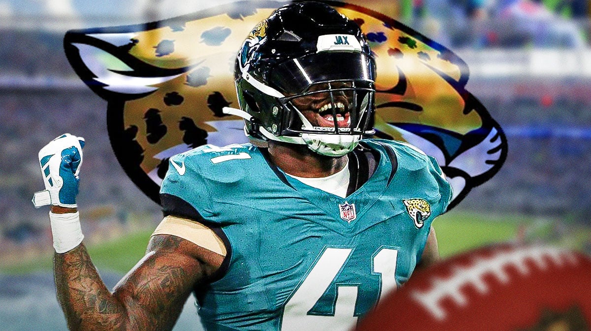 Josh Allen in front of a Jaguars logo at TIAA Bank Field