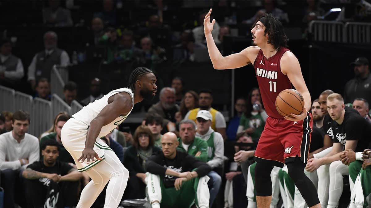 Miami Heat guard Jaime Jaquez Jr. (11) controls the ball while Boston Celtics guard Jaylen Brown (7) defends during the second half in game one of the first round for the 2024 NBA playoffs at TD Garden.