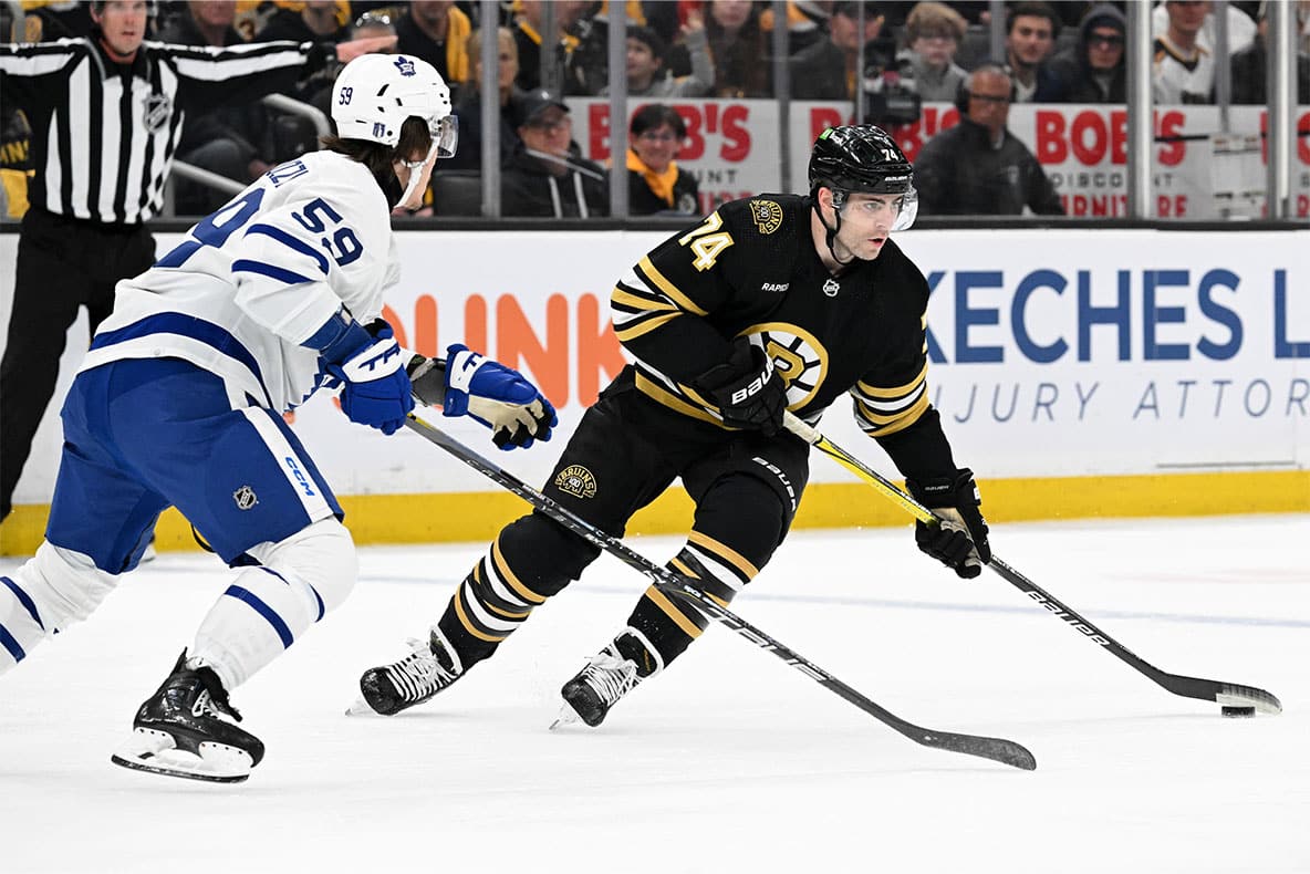 Boston Bruins left wing Jake DeBrusk (74) skates against Toronto Maple Leafs left wing Tyler Bertuzzi (59) during the first period in game two of the first round of the 2024 Stanley Cup Playoffs at TD Garden.