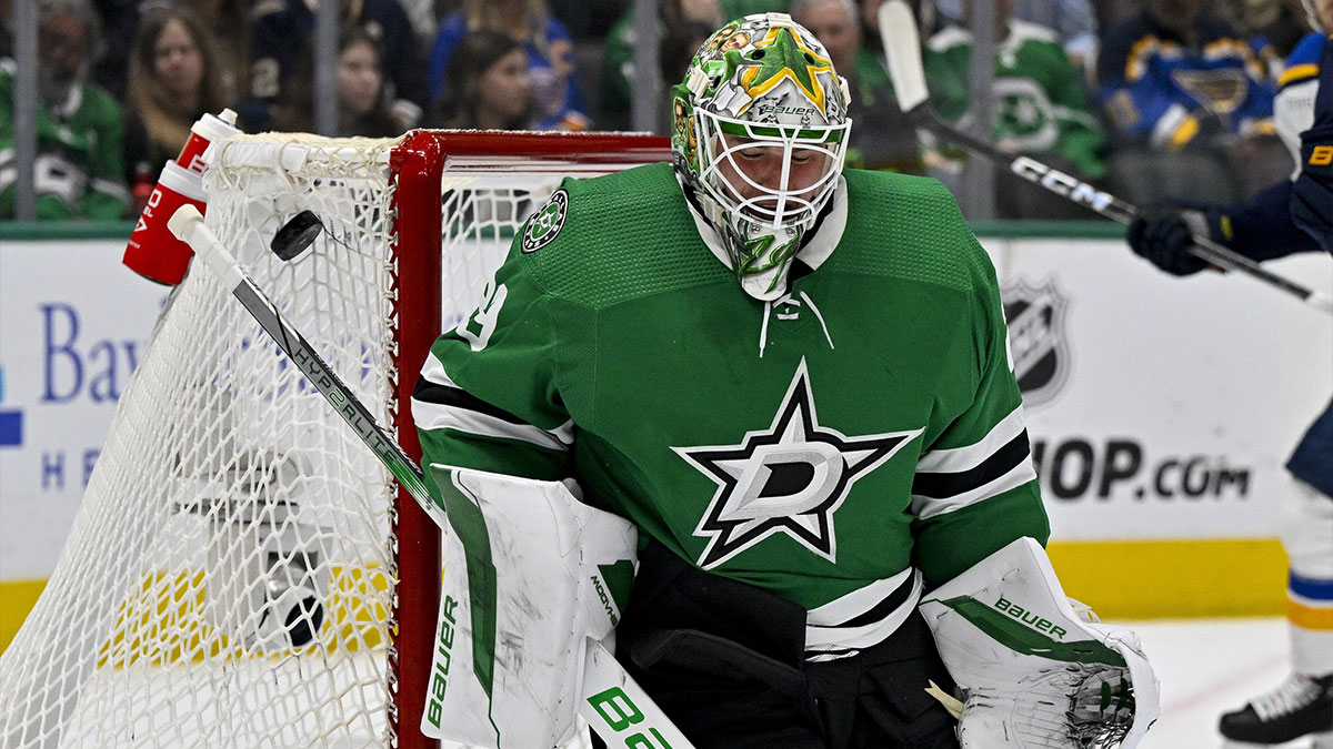 Dallas Stars goaltender Jake Oettinger (29) makes a blocker save on a shot by the St. Louis Blues during the first period at the American Airlines Center.