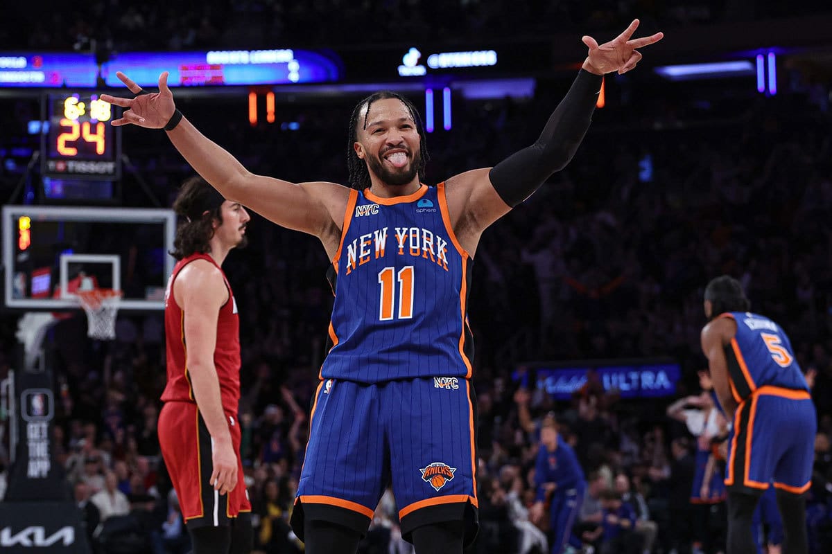 New York Knicks guard Jalen Brunson (11) reacts after making a three point basket during the second half against the Miami Heat at Madison Square Garden.