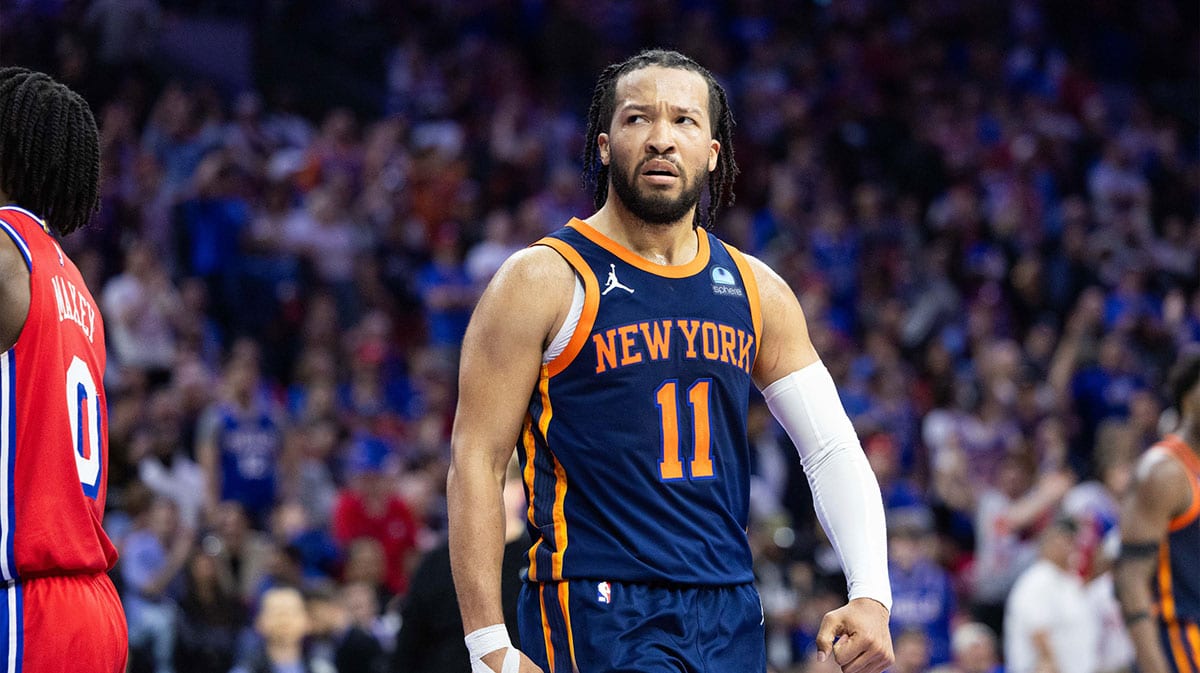 New York Knicks guard Jalen Brunson (11) reacts after scoring against the Philadelphia 76ers during the fourth quarter of game four of the first round in the 2024 NBA playoffs at Wells Fargo Center.