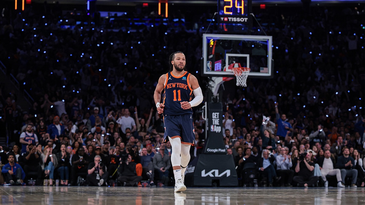 New York Knicks guard Jalen Brunson (11) reacts after a basket during the fourth quarter during game two of the first round for the 2024 NBA playoffs against the Philadelphia 76ers at Madison Square Garden