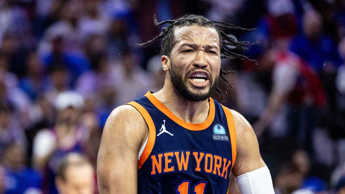 New York Knicks guard Jalen Brunson (11) reacts after scoring against the Philadelphia 76ers during the fourth quarter of game four of the first round in the 2024 NBA playoffs at Wells Fargo Center