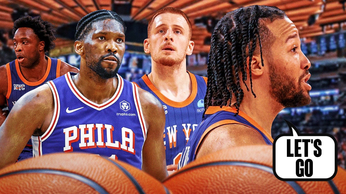 Jalen Brunson saying "let's go" next to Donte DiVincenzo, OG Anunoby, Joel Embiid.
