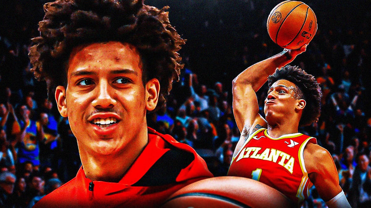 Hawks' Jalen Johnson smiling in front. In background, need Hawks' Jalen Johnson dunking a basketball.