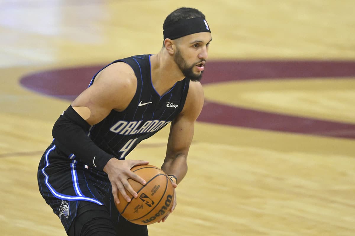  Orlando Magic guard Jalen Suggs (4) looks to pass in the first quarter against the Cleveland Cavaliers during game two of the first round of the 2024 NBA playoffs at Rocket Mortgage FieldHouse.