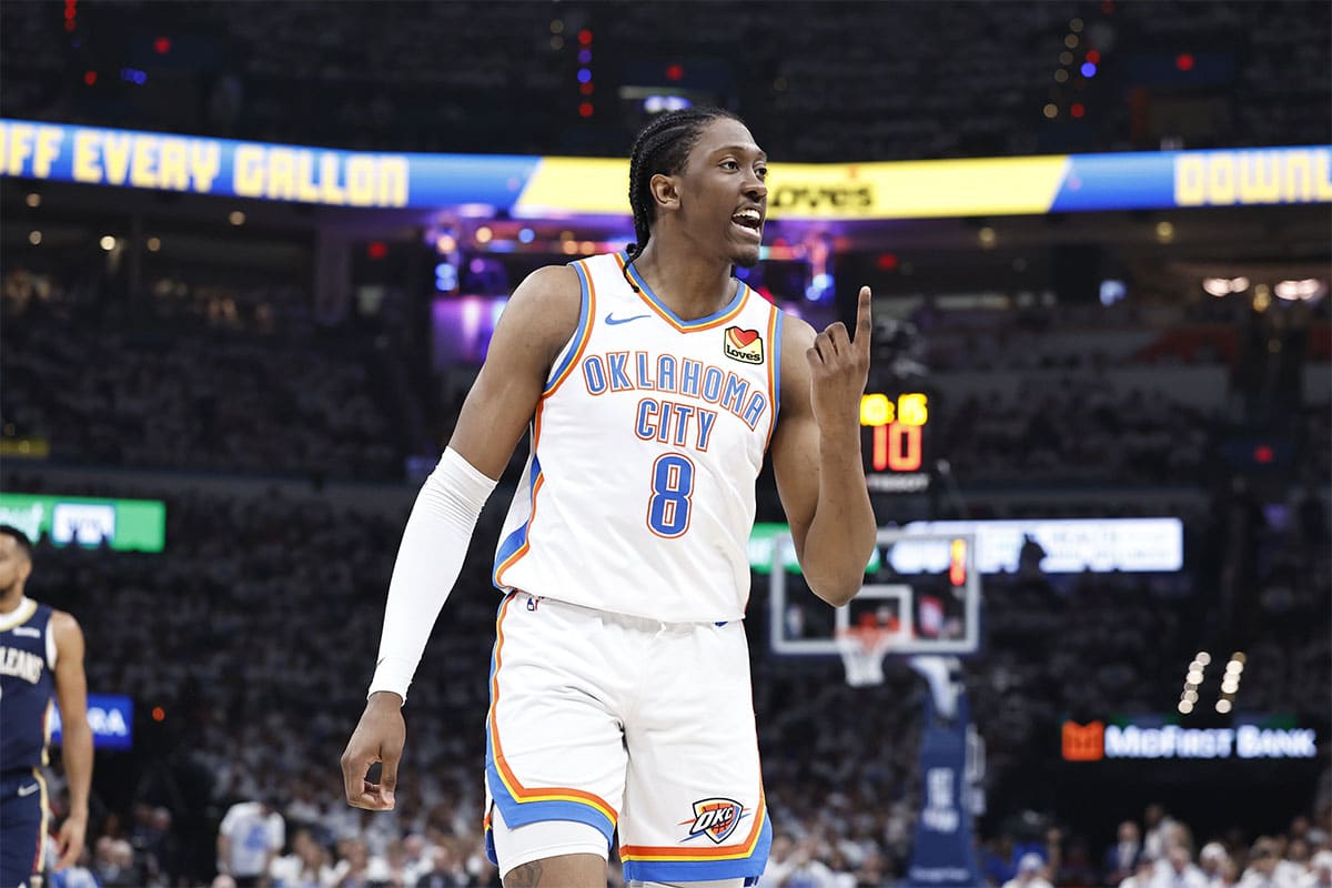 Oklahoma City Thunder forward Jalen Williams (8) gestures to his bench after a play against the New Orleans Pelicans during the second quarter of game one of the first round for the 2024 NBA playoffs at Paycom Center. 