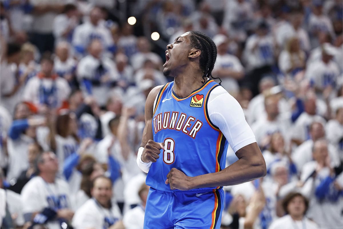 Oklahoma City Thunder forward Jalen Williams (8) celebrates after scoring a basket against the New Orleans Pelicans during the second quarter of game two of the first round for the 2024 NBA playoffs at Paycom Center.