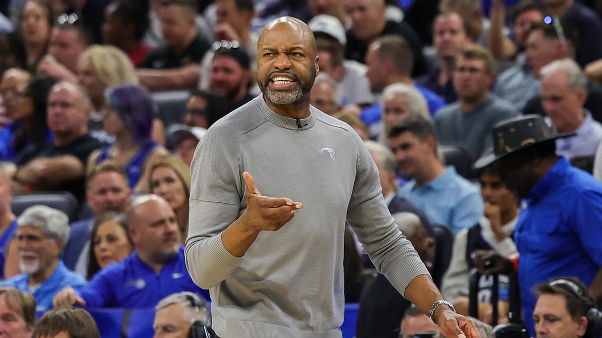 Orlando Magic head coach Jamahl Mosley motions during the second quarter of game three of the first round for the 2024 NBA playoffs at Kia Center.