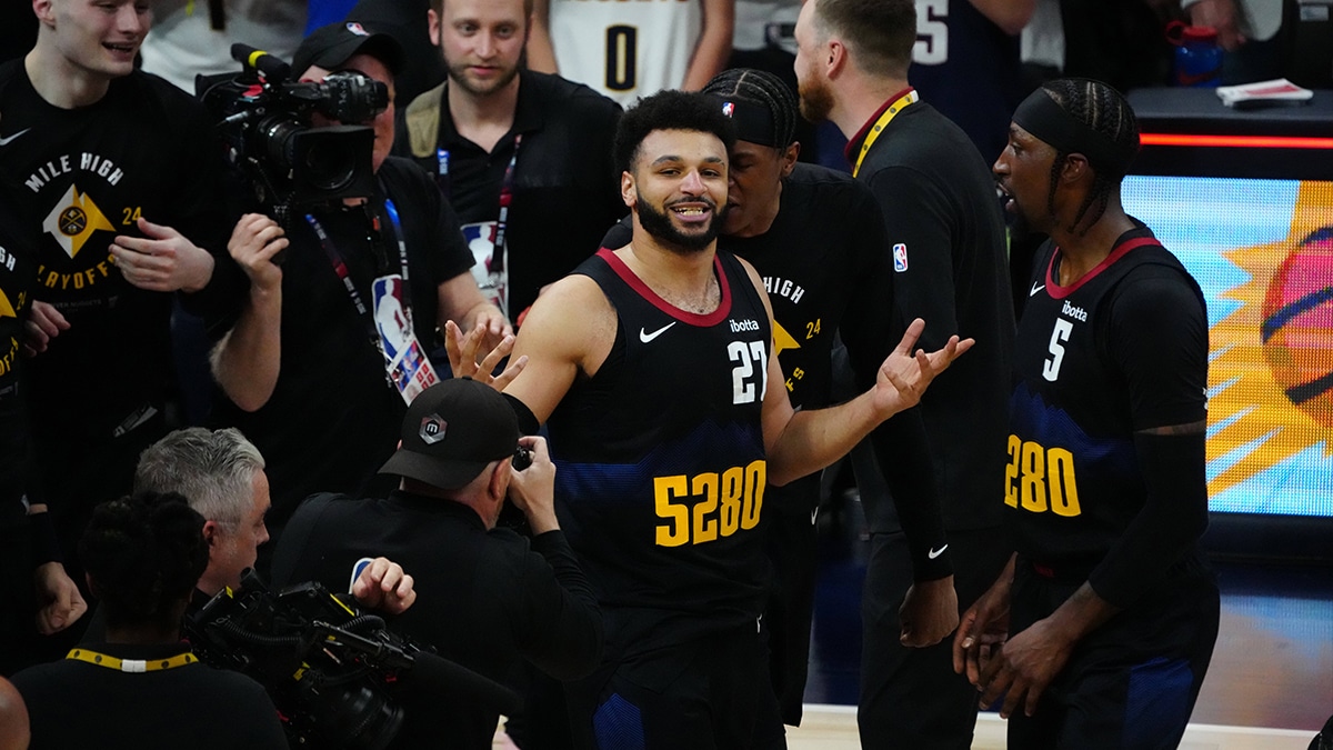 Denver Nuggets guard Jamal Murray (27) reacts after defeating the Los Angeles Lakers during game two during the 2024 NBA playoffs at Ball Arena