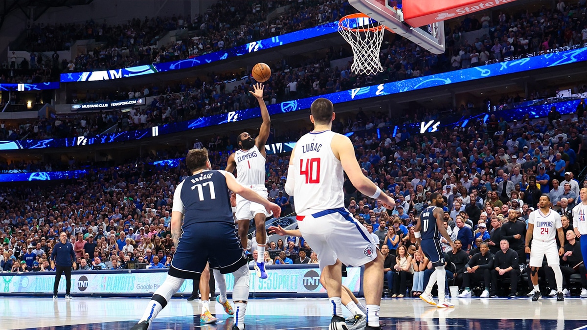 LA Clippers guard James Harden (1) shoots during the fourth quarter against the Dallas Mavericks during game four of the first round for the 2024 NBA playoffs at American Airlines Center.