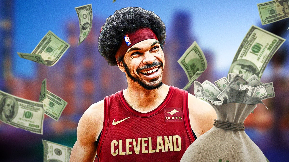 Jarrett Allen surrounded by piles of cash.