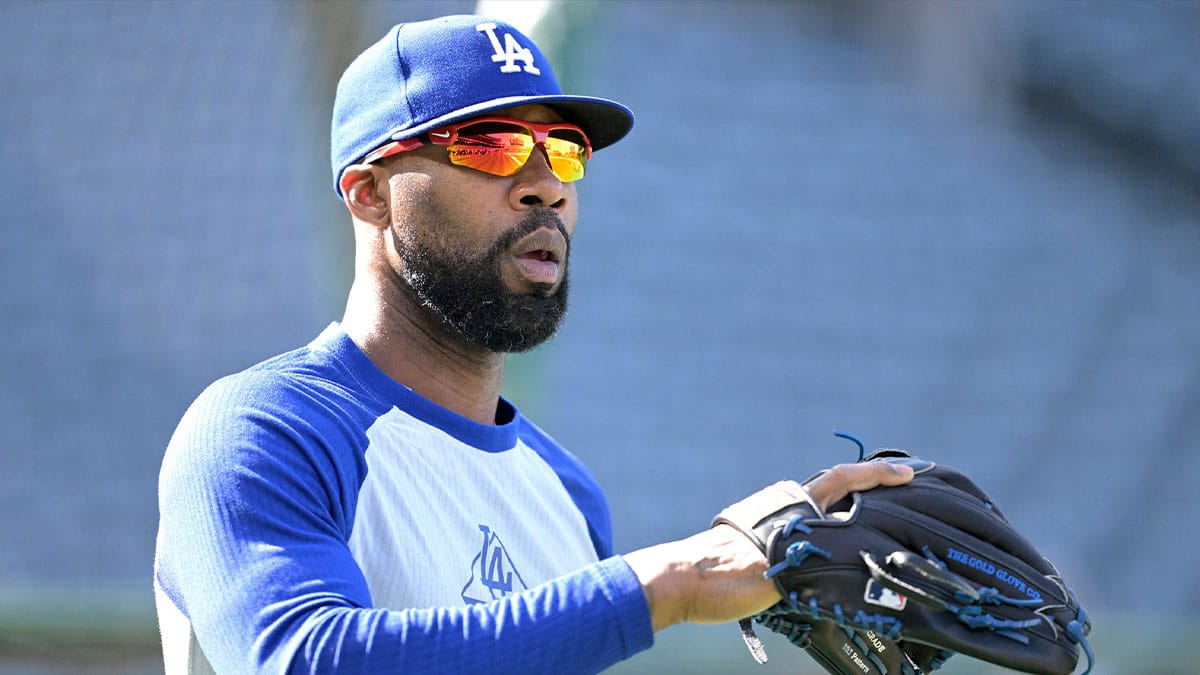 Los Angeles Dodgers right fielder Jason Heyward (23) warms up prior to the game against the Los Angeles Angels at Angel Stadium. 