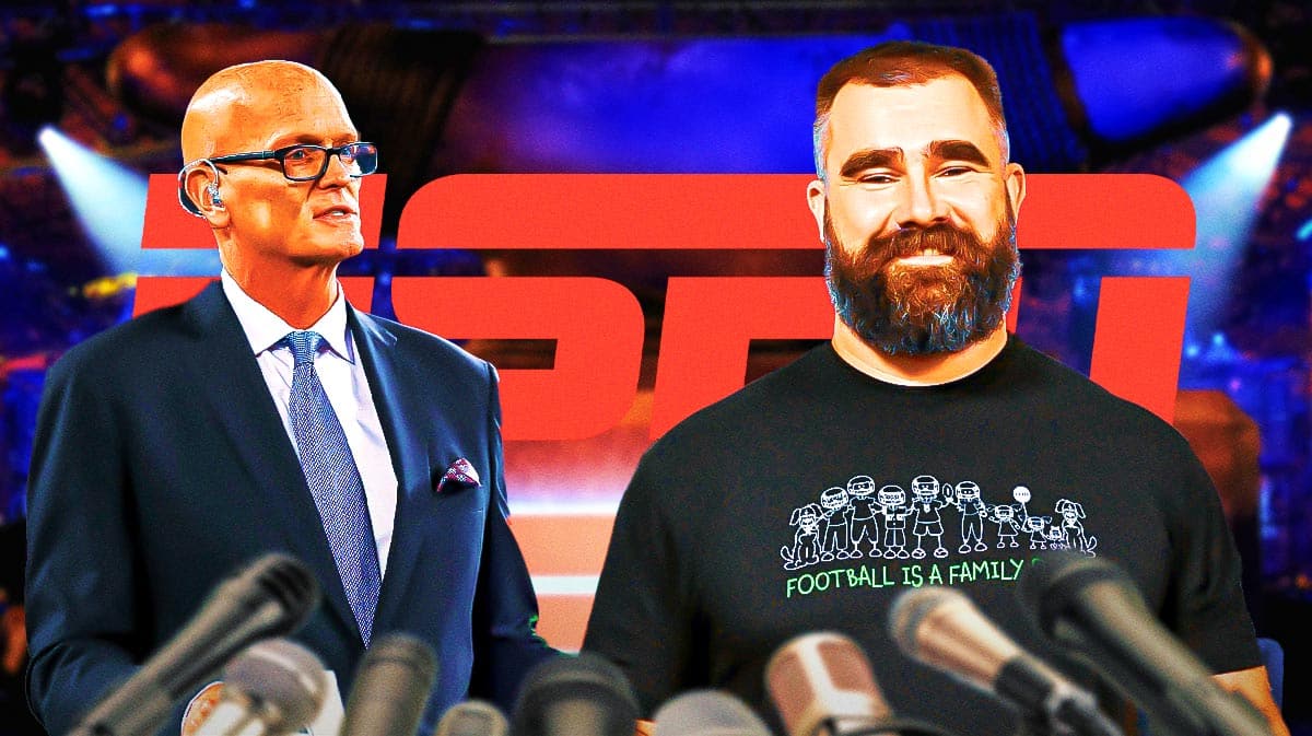 Jason Kelce in street clothes, Scott Van Pelt. ESPN logo in background