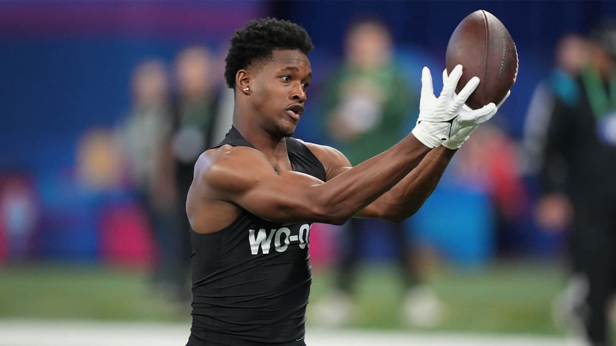 Central Florida wide receiver Javon Baker (WO01) during the 2024 NFL Combine at Lucas Oil Stadium. 