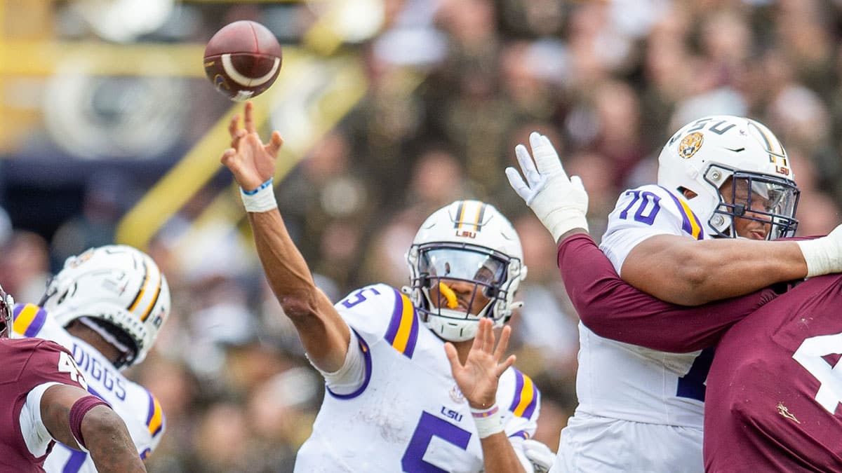 Quarterback Jayden Daniels 5 as the LSU Tigers take on Texas A&M in Tiger Stadium in Baton Rouge, Louisiana, November 25, 2023.