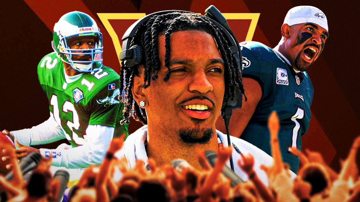 Jayden Daniels in the middle, Jalen Hurts, Randall Cunningham around him, and Washington Commanders wallpaper in the background
