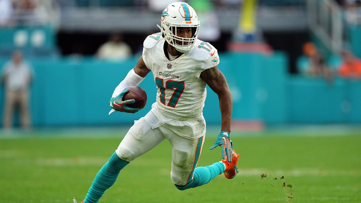 Miami Dolphins wide receiver Jaylen Waddle (17) runs with the ball against the New York Jets during the second half at Hard Rock Stadium.