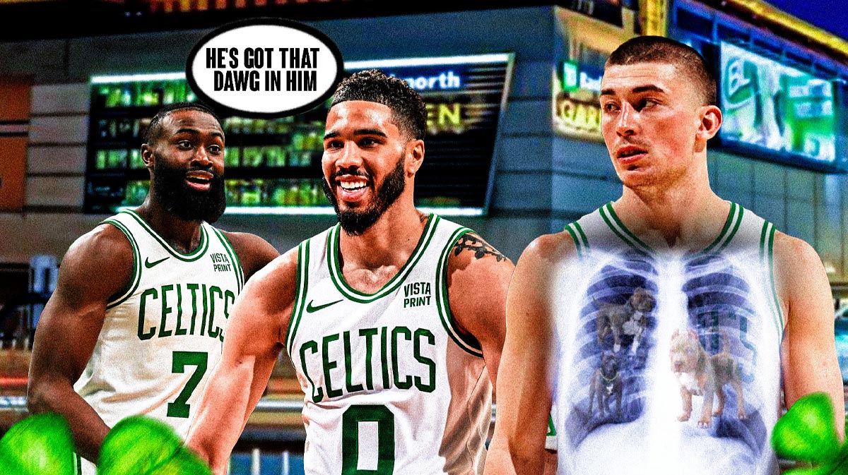 Jayson Tatum and Jaylen Brown smiling with a shared speech bubble saying "He's got that dawg in him". Payton Pritchard is next to them looking hyped and maybe this image is on his chest like in the memes