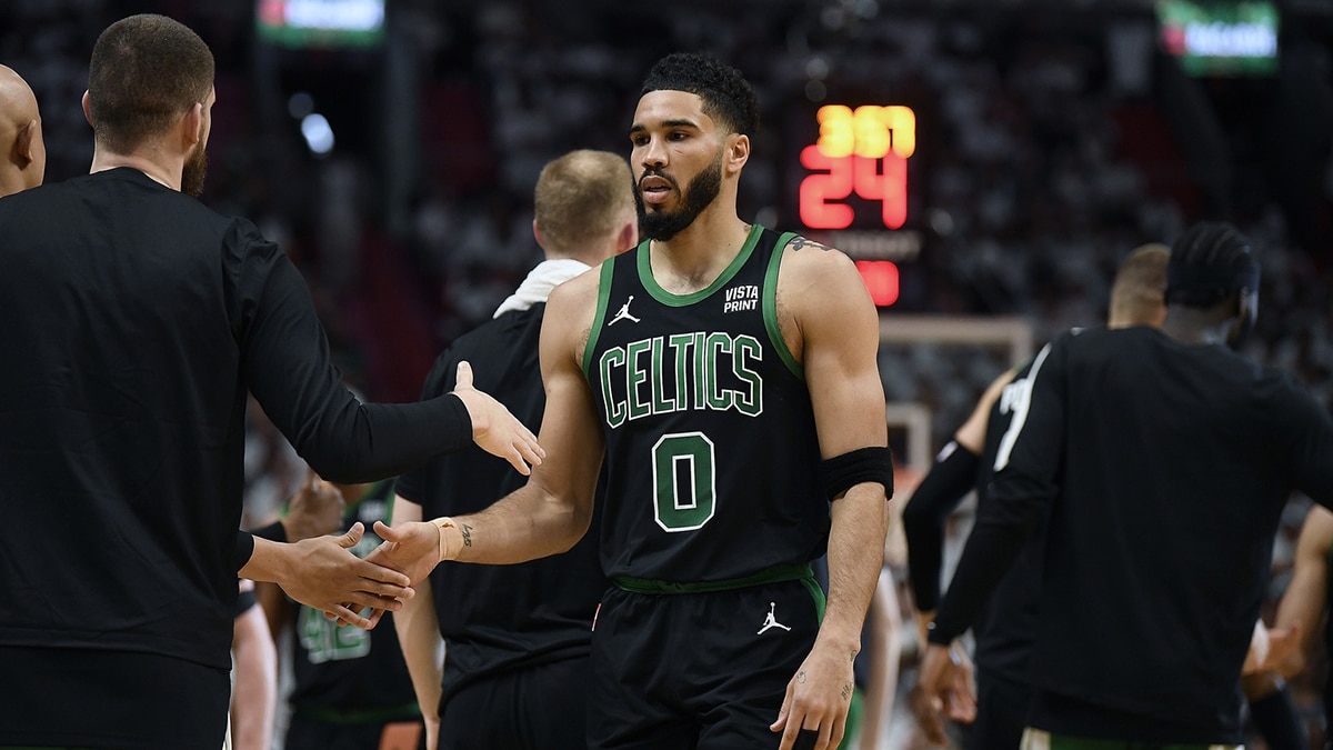 Boston Celtics forward Jayson Tatum (0) celebrates a lead against the Miami Heat during the second quarter of game four of the first round for the 2024 NBA playoffs at Kaseya Center.
