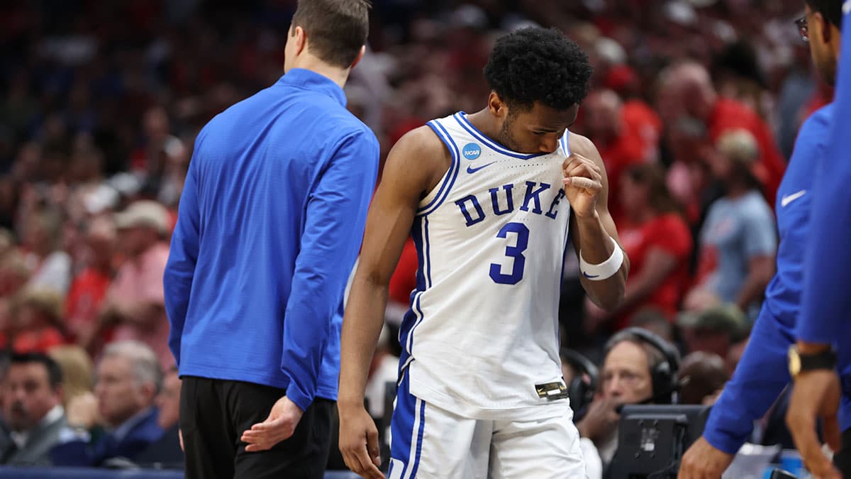 Duke Blue Devils guard Jeremy Roach (3) reacts after the game against the North Carolina State Wolfpack in the finals of the South Regional of the 2024 NCAA Tournament at American Airline Center. 