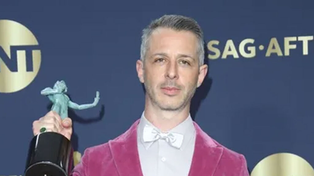 Jeremy Strong, winner of Outstanding Performance by an Ensemble in a Drama Series for Succession, poses
